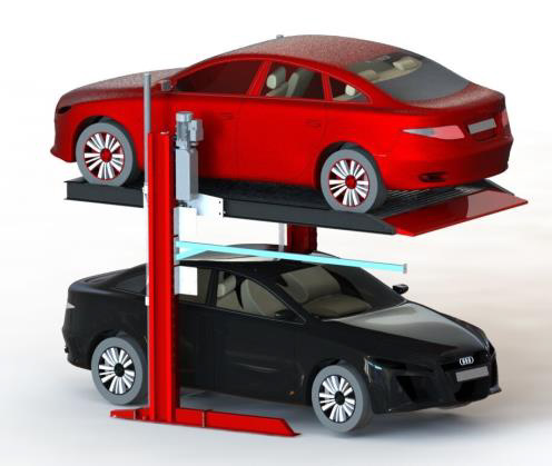 Two Level Simple Parking Equipment (Hydraulic) ระบบที่จอดรถอัตโนมัติแบบสองชั้น สามารถจอดรถพื้นที่ชั้นล่างได้ รถที่ก่อนจะถูกนำยกขึ้นจะต้องนำเข้าจอดก่อน ระบบไฮโดรลิค
