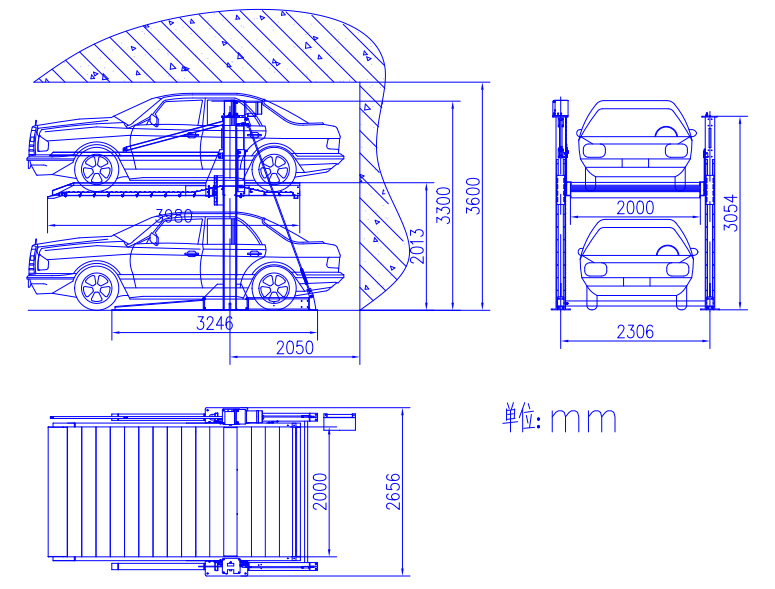 Two Level Simple Parking Equipment (Hydraulic) ระบบที่จอดรถอัตโนมัติแบบสองชั้น สามารถจอดรถพื้นที่ชั้นล่างได้ รถที่ก่อนจะถูกนำยกขึ้นจะต้องนำเข้าจอดก่อน ระบบไฮโดรลิค